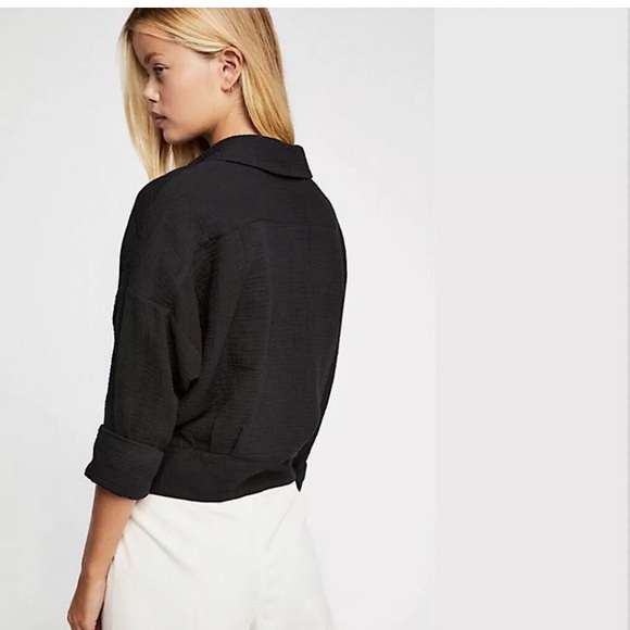 Free People  Sunstreaks Tie Front Shirt Top Black - Picture 6 of 8